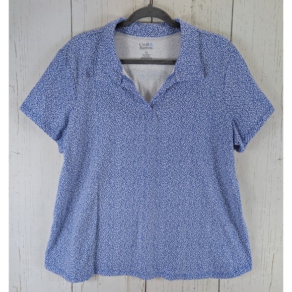 Croft Barrow Plus Size XXL Womens Blue White Print Short Sleeve Polo Top - Picture 1 of 7
